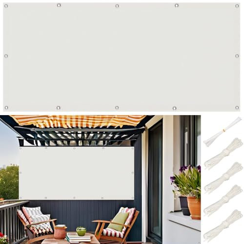 Balkonsichtschutz 50x250cm, Balkon Sichtschutz Wetterfest, Multi Größe und Farbe Balkonabdeckung Balkonbespannung Balkonumspannungen Balkonverkleidung Windschutz und UV-Schutz für Garten, Weiß