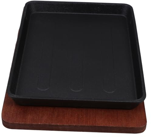 Alipis Sartén De Hierro Fundido Cuadrado Con Base De Madera Plancha Resistente Para Cocinar y Servir Filetes Para Barbacoa Fajitas y Cocina Japonesa Grande