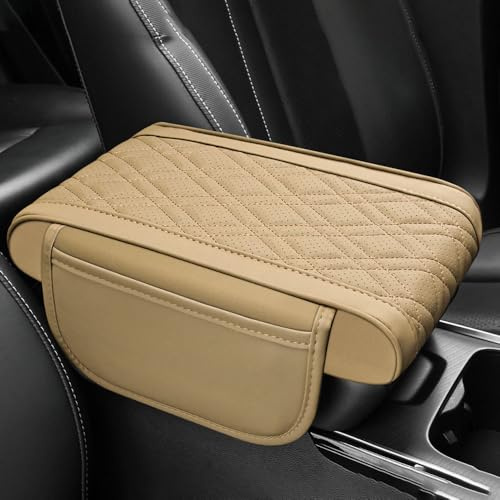 JDUYHS Coussin D'accoudoir Voiture pour Peugeot 604 605 607 505 508, Coussin Accoudoir Voiture avec 2 Poches de Rangement, Antidérapant Cuir Console Centrale Protéger Pad,B Beige