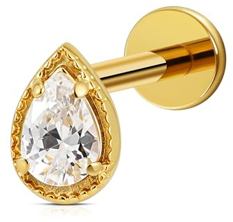 FINE4U Gold ASTM F136 Titanium 16G 8mm Teardrop Piercing Jewelry for Conch, Tragus, Helix, Lip, Labret, Earlobe - Hypoallergenic Internally Threaded Flat Back Cartilage Stud Earring