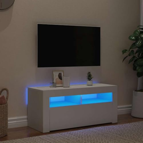 Qnhdfrt Meuble TV bas avec éclairage LED RVB - Blanc - 90 x 35 x 40 cm - Design moderne et robuste - Pour le salon