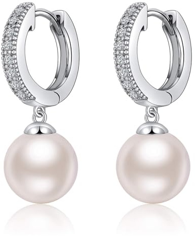 ZDaoBen Perlenohrringe 925 Sterling Silber Perlen Creolen Huggie Ohrringe Hängend Perlen mit Zirkonia Diamanten Schmuck Geschenke für Damen Braut Hochzeit 10 mm