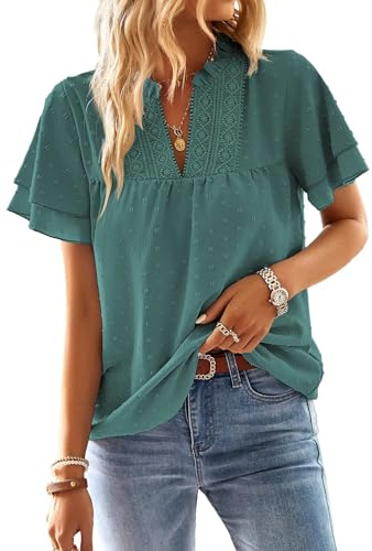 TUUHAW Abito Donna Estivo Taglie Forti Boho Top Manica Corta Casual Camicetta Volant Elegante T-Shirt Scollo a V vestibilità Ampia Bluse Vintage Base Moda Maglie Pizzo Ricamato Blusa Verde Acqua XXXL