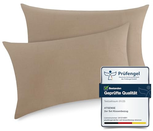 ATsense 2er Set Kissenbezug 40x80 cm - 100% Gewaschene Baumwolle Hypoallergenes Kissenbezüge, Khaki Kopfkissenbezug mit Reißverschluss, Oeko-TEX Zertifiziert, Weich und Atmungsaktiv