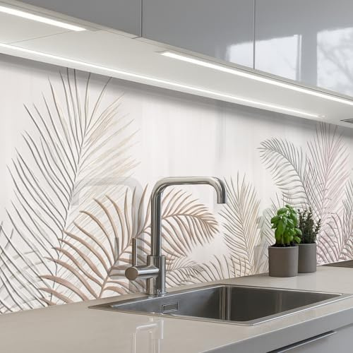 KitchenYeah© Rückwand Küche Rückwandschutz Selbstklebend Spritzschutz | 60x250 cm - Küchenrückwand Küchenfront Küchen Selbstklebende Küchenrückwände Blätter - Beige - Botanisch - Vintage