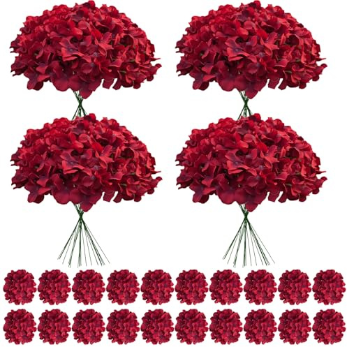 Cherica 100 Pcs Faux Deep Red Hydrangea Artificial Flowers Bulk, Fake Silk Hydrangea Flowers Heads with Stems for Wedding Decorations Garden Party Baby Shower Porch Home Decor Table Centerpieces