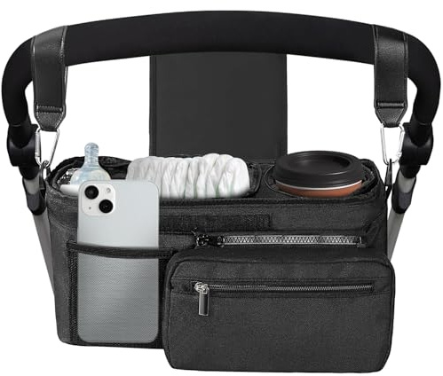 Bjabtan Universal Stroller Organizer with Insulated Cup Holder, Stroller Caddy with Detachable Bag & Shoulder Strap, Stroller Attachment Non-Slip Secure Hooks Accessories Fits Most Strollers