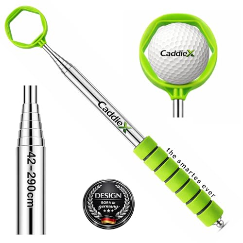 CaddieX Golf Ball Fiskespöke rostfritt stål – 9-vägs teleskop upp till 2,90 m – kompakt 42 cm – ergonomiskt mjukt grepp – säkert greppsystem med 6 kanter – golfboll retriever golfboll i 5 färger