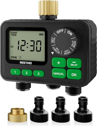 RESTMO 3-Zonen RF-Bewässerungscomputer, Bewässerungstimer mit Fernzugriff | automatisch/manuell/Regenverzögerung, für Gartenschlauch & Außenwasserhahn, Rasenbewässerung