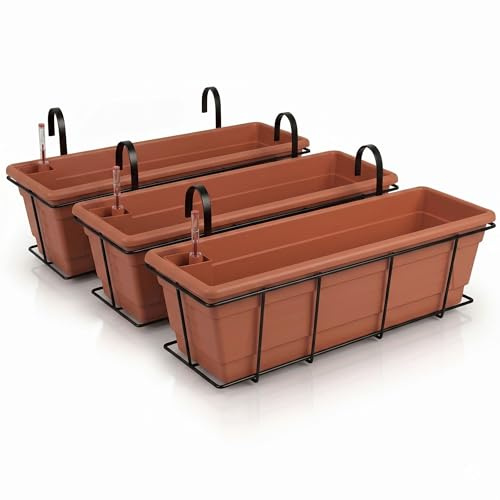 Plastard selbstwässernd Blumenkasten 100 cm 3er Set Terrakotta Pflanzkasten | robuste Metallkorb - Witterungs- UV- & frostbeständig Pflanzkübel für Balkon, Garten & Terrasse mit Wasserstandsanzeiger