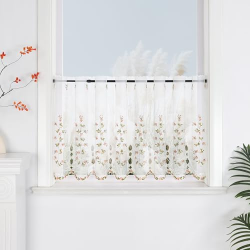 Yujiao Mao Voile Scheibengardine mit Bunter Blumenstickerei, HxB 45x150 cm | Weiß Bistrogardine, Halbtransparente Küchengardine, Kurzvorhang für Kleine Fenster, Spitzenbordüre, Landhausstil