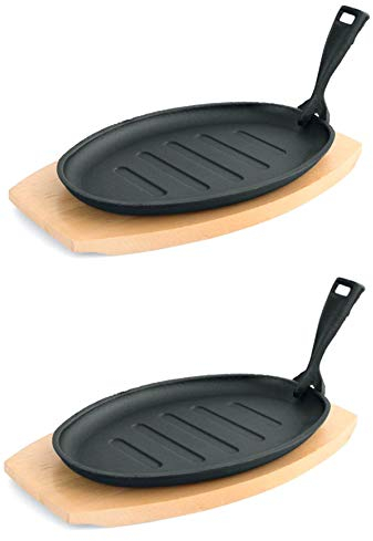TAMLED Servierpfanne oval Gusseisen mit Holzuntersetzer und Griff 2 Stück