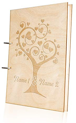 Hochzeits Gästebuch aus Holz: Herzbaum mit Namen - Personalisiertes Geschenk - 144 Seiten DIN A4 Seidenmattes Papier - Hochformat Holzcover - auch ideal als Fotoalbum nutzbar Farbe Birke