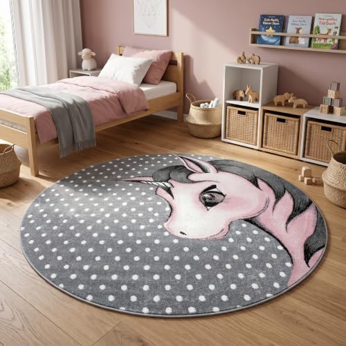 HomebyHome Runder Kinderteppich Einhornmotiv Ø160 cm Großer Spielteppich für Mädchen Hautsympathisch & Traumhaft