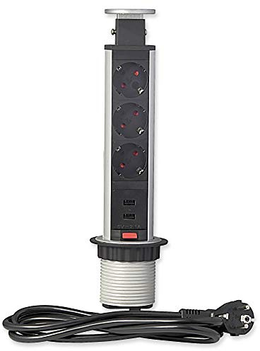Versenkbare Steckdose 3-fach 2x USB für Küche und Büro - Tischsteckdose aus hochwertigem Kunststoff mit 3 Steckdosenelementen und zwei USB Anschlüssen - ca. 170cm langes Anschlusskabel
