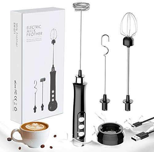 Frullini Montalatte Elettrico,GeeRic Frullino Montalatte USB Ricaricabil con 3 Velocità Portabile Frullini Montalatte a Immersione con 3 Fruste Differente per Cappuccino, Caffè,Uova,Crema,Cioccolato