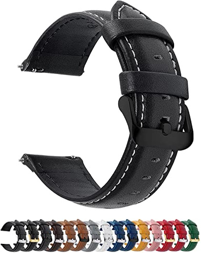12 Farben Uhrenarmband 22mm Lederarmband für Smartwatch Universal-Uhr | Schnellverschluss Vintage Ersatzrmbänder mit Edelstahl Schließe,für Herren Damen,Schwarz + Schwarze Schnalle