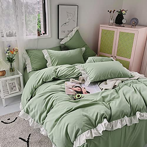AShanlan Rüschen Bettwäsche 135x200 Grün Weiß Romantische Rüschenbettwäsche Set Super Weich Mikrofaser Sommergrün Deckenbezug mit Kissenbezug 80x80 cm Reißverschluss