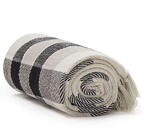 Americanflat 50x60 Throw Blanket - Soft and Breathable Cotton Throw Blanket for Couch, Bed, Chair - Decorative Blankets Perfect for Home, Office, or Outdoor Use - Black, Cream and Beige Plaid Design