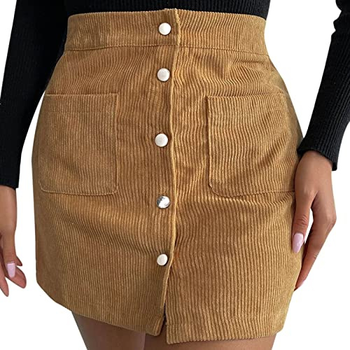 Mini jupe en velours côtelé pour femme - Taille haute - Coupe ajustée - Avec bouton, jaune, L