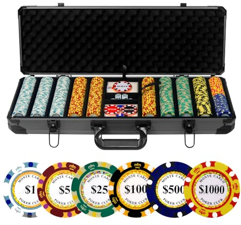 JIESITE 14 g lerpokerchips set, 500 pokermarkips, 39 mm, med högkvalitativt bärfodral i aluminium/2 kortlekar av plastspelkort/återförsäljarknapp, för pokerspel, Blackjack, Texas Hold'em