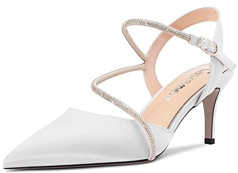Castamere Donna Medio Spillo Tacco Heel a Punta Cinturino alla Caviglia Sandali Diamante Cristallo 6.5 CM Heels Bianco Raso 39 EU