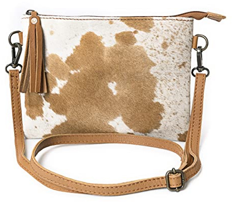 Merbaa Rindsleder und Haare auf Beuteltasche, echtes Rindshaar an kleiner Umhängetasche mit verstellbarem, abnehmbarem Riemen, Hellbraun