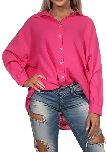 Sublevel Damen Long Musselin-Bluse LSL-450 Oversize Langarm-Hemd