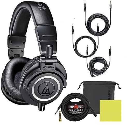 Audio Technica ATH-M50X Professional Studio Monitor Headphones Black Bundle with Pig hog 25ft Extension Cable & Liquid Polishing Cloth with Detachable Cable
