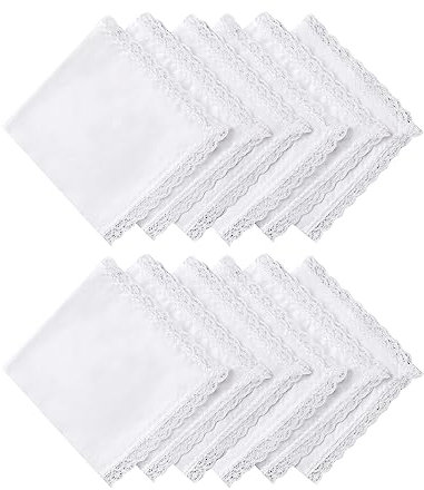 PACGOTH Taschentücher für Frauen 100% Baumwolle, Damen Taschentücher zum Sticken, Frauen Spitze Taschentücher Hochzeit Taschentücher, Weiße Spitze - 12 Stück, 25*25cm/9.8*9.8”