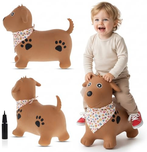 sun baby Animale Gonfiabile Che Salta, Giocattolo di 1 Anno, Saltarello per Bambini, Design ergonomico, Cavallo Giocattolo, Pompa Manuale Inclusa (Cane Marrone con Bandana 2)