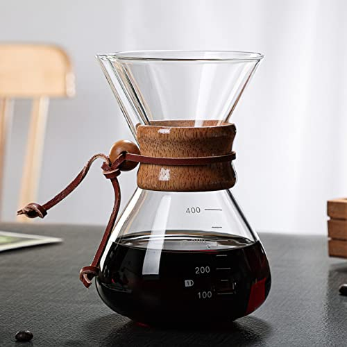 AYNEFY Pour Over Coffee Maker 400ml Double Layer Filter V Spout Wooden Sleeve Coffee Brewer Coffee Pot Borosilicate Glass Carafe Drip Coffee Maker for Home Cafe Party