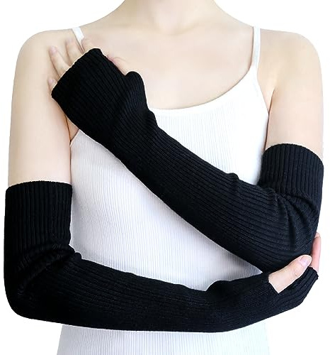 YATANAM Wool Blended Wrist Warmers Warm Fingerless Gloves Knit Soft Arm Warmers Sleeves Typing Mittens for Women (15.7''/40cm, A-black)