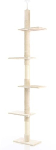 Fudajo Klösträd i Takhöjd 230-276 cm Höjdjusterbart Katträd i Beige med 4 Platåer och Sisal Klösmöbel