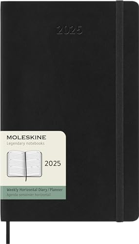 Moleskine Weekly Planner, Agenda Settimanale Orizzontale 12 Mesi 2025, Copertina Morbida e Chiusura Elastica, Colore Nero, Formato Large 13x21 cm
