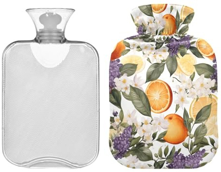 Bouillotte avec housse orange agrumes avec fleurs - Durable - Pour soulager la douleur des mains et des pieds - Chauffe-lit - 1 litre