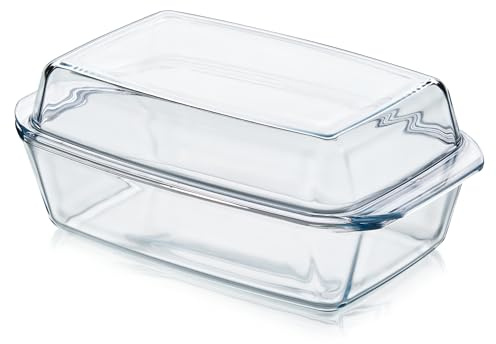 KHG Auflaufformen aus Glas mit Deckel 3 L Rechteckig für kalte & warme | spülmaschinenfest, mikrowellengeeignet, Glasbräter Glasform Backform, 35x13x21 cm, praktisch für Zuhause
