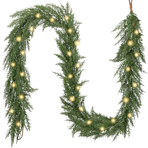Valery Madelyn 6ft/183cm Realistic Christmas Garland with Lights, Pre Lit Norfolk Pine Garland with 30 LED Lights, Xmas Faux Cedar Garland Real Touch Decorations for Stairs Fireplace Outdoor