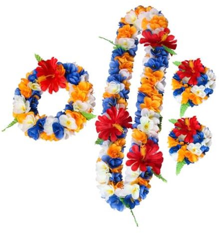 NUOBESTY 4 Stück Haarband Halsketten Schlagarmbänder für Kinder Strandarmbänder Blumengirlande Haargummi Luau Partydekorationszubehör hawaiianische Leis Sommer Stirnband 4-teiliges Set