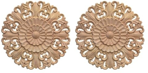 2pcs Holz Applique Ornament, Holz Geschnitzte Möbel Appliques Holz Ornament Holz Skulptur Applique Onlay Runden Geschnitzte Holzschnitzerei Applikation Holz Geschnitzte für Möbel Wanddeko