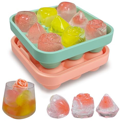 Paquete de 2 bandejas de silicona para cubitos de hielo con formas divertidas, molde de cubitos de hielo de rosa, bandeja de cubitos de hielo de corazón y molde de hielo con formas de diamante, hace