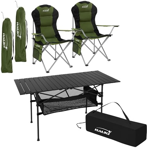Hauki Campingmöbel Set 3tlg., Campingtisch faltbar Schwarz mit 2 Campingstühlen Khaki, Camping-Set für 2 Person mit Tragetasche, Alu Klapptisch mit 2 Angelstuhl, Sitzgarnitur Sitzgruppe Gartenmöbel