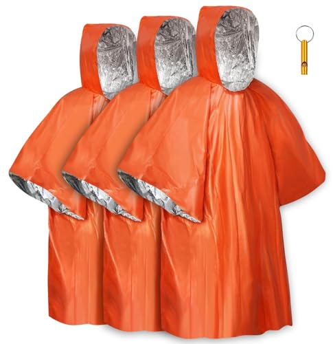 flintronic 3 Pack Emergency Survival Rain Poncho, Thermal Emergency Raincoat Poncho, Emergency Insulation Blanket for Heat Retention and Rain, Reversible Foil Blanket for Emergency Or First Aid