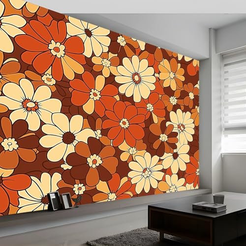 Papel tapiz mural de pared 350 x 256 cm Papel tapiz no tejido Líneas Retro Y Florales Papel tapiz fotográfico decorativo moderno para dormitorio infantil Marrón Papel tapiz de póster