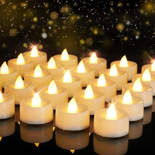 Homemory Led Battery Operated Tea Lights, Bright Flickering, 200+ tealights Electric Fake Flameless Candles, for Christmas Halloween Festivals Home Decoration, 24-Pack