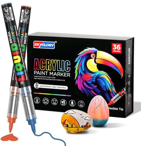 SKYGLORY 36 Colours Liquid Ink Acrylic Paint Markers - Flexible Brush Tip Acrylic Paint Markers for Rock, Metal & Non-Porous Surfaces (36)