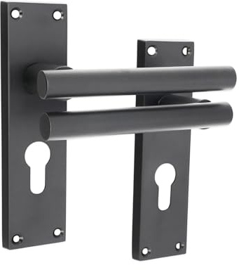 Infinity Decor Matt Black Straight Euro Lever Lock Door Handle on Rectangular Backplate Set Passage Door Pulls – Suitable for All Internal & External Door