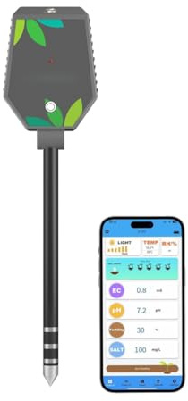 XUMIUZIY 8 in 1 Misuratore di Terreno - PH/umidità/luce/aria Umidità/temperatura/EC/fertilità/tester Salino, Misuratore di Prova del Terreno Bluetooth con Schermo LCD Retroilluminato,