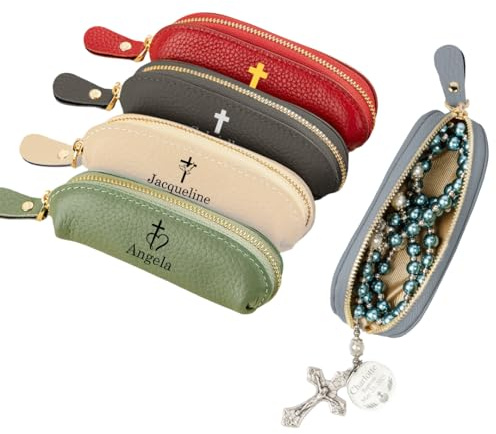 GSTFY Rosenkranz-Tasche, Leder, Reißverschluss, individueller Name, Rosenkranz, Perlen-Beutel, katholische Mini-Münzgeldbörse, Geburtstag, christliches Geschenk für Frauen, Männer, Mutter, 12 Farben