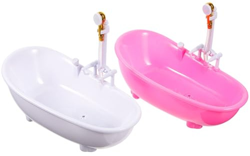 FIXOSHEE 2Pcs Doll Bathtub with Electric Sprayer, Mini Dollhouse Bath Fountain, Pink and White Bathtub Accessories for Doll Bathing Play